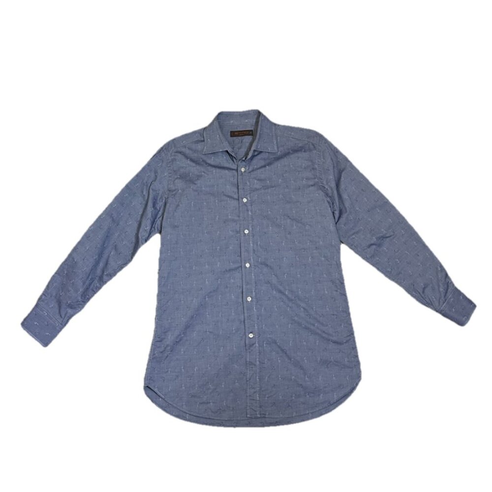 ETRO Men's Blue Micro Paisley Button Long Sleeve Dress Shirt, Size 42 (L)